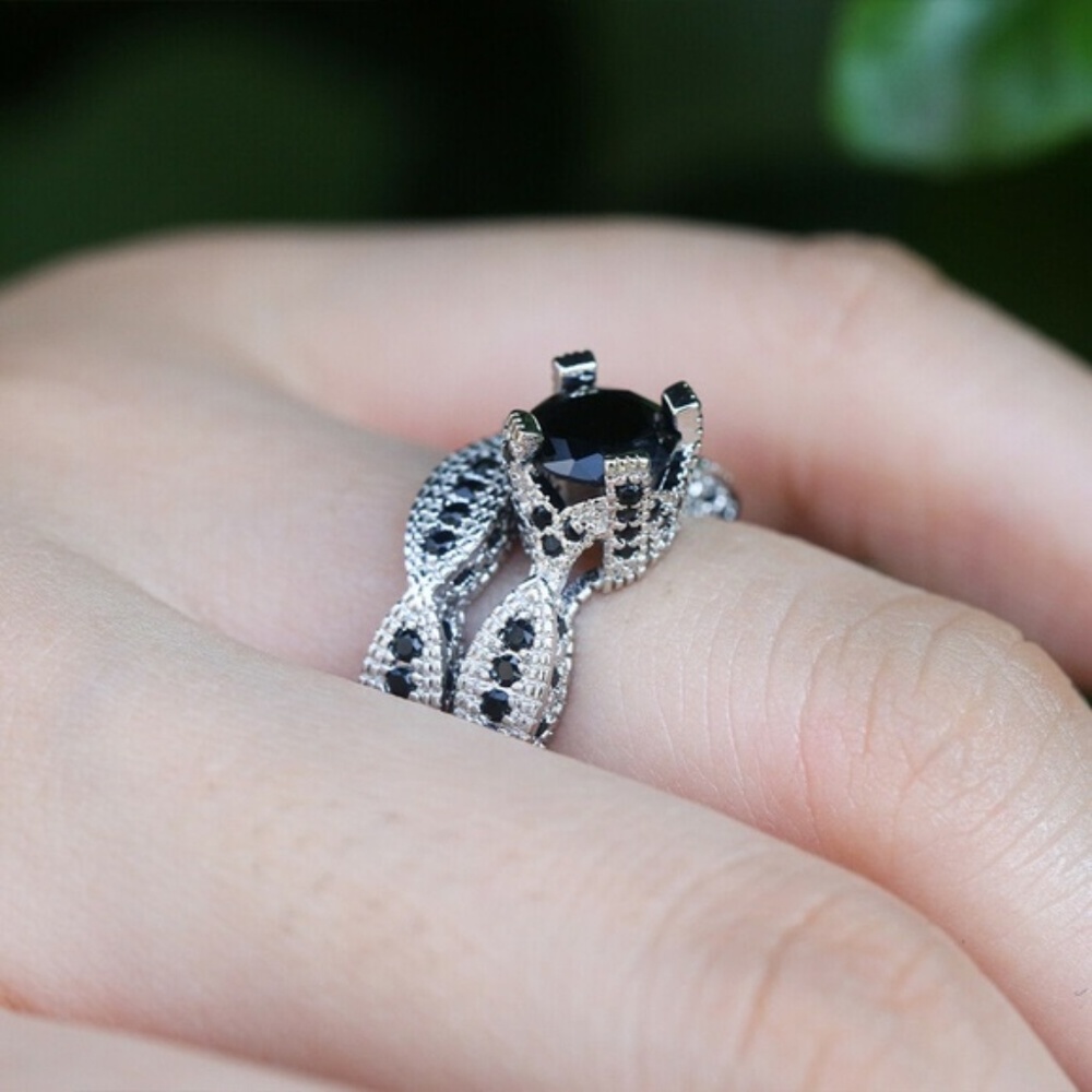 2 pc Set Silver Women Rings Black Sapphire New - Picture 1 of 3